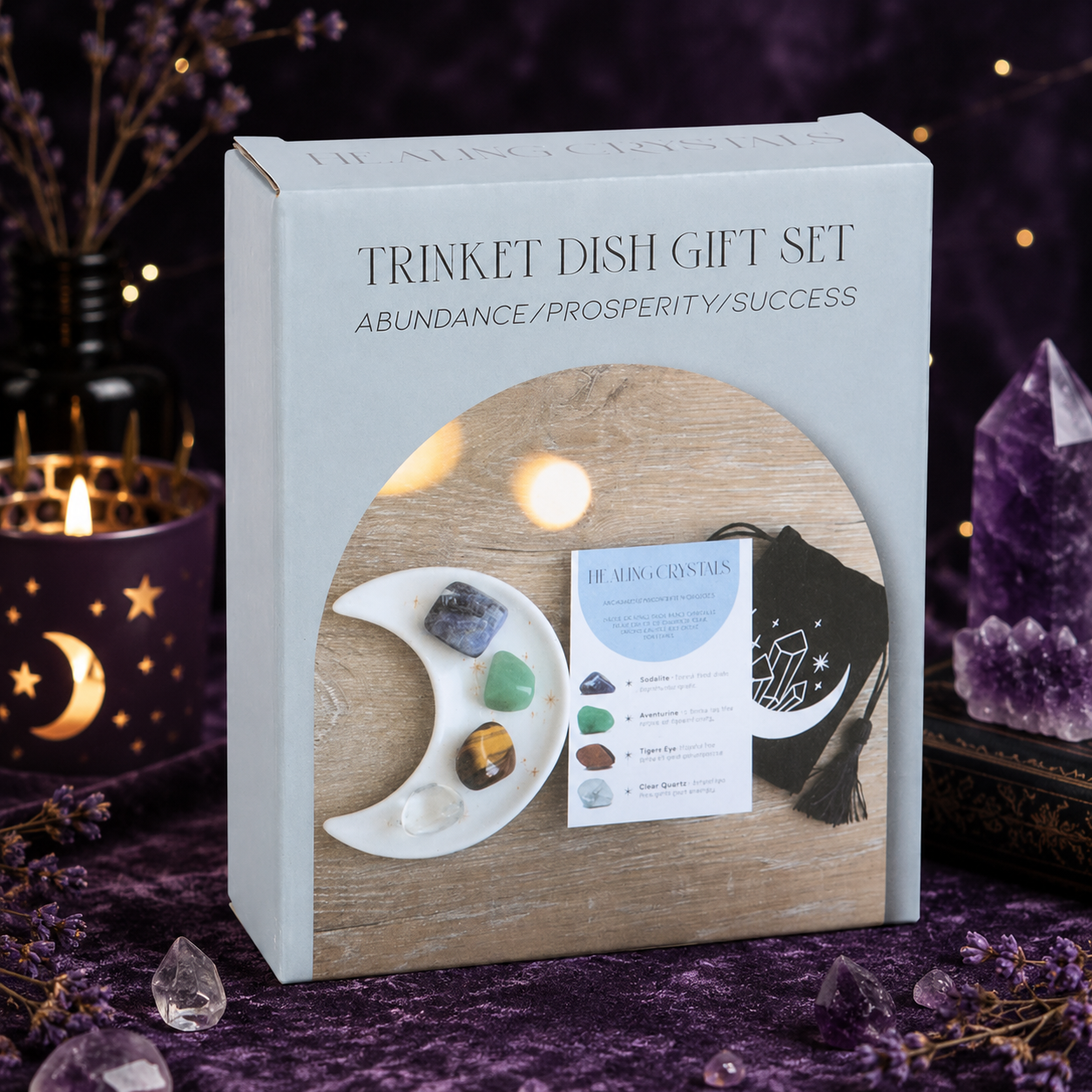 Prosperity & Success Healing Crystal Gift Set with Ceramic Moon Trinket Dish