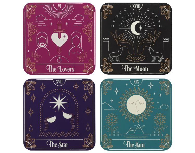 Mystical Tarot Card Coaster Set – Set of 4 with Holder