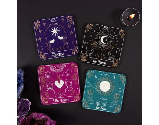 Mystical Tarot Card Coaster Set – Set of 4 with Holder