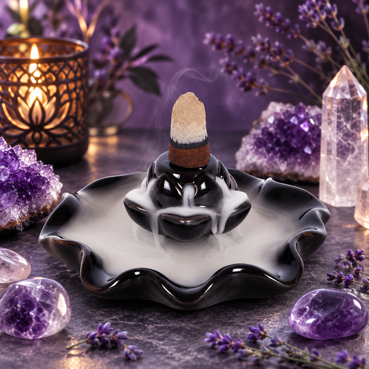 Black Ceramic Lotus Pool Backflow Incense Burner
