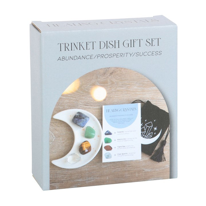Prosperity & Success Healing Crystal Gift Set with Ceramic Moon Trinket Dish