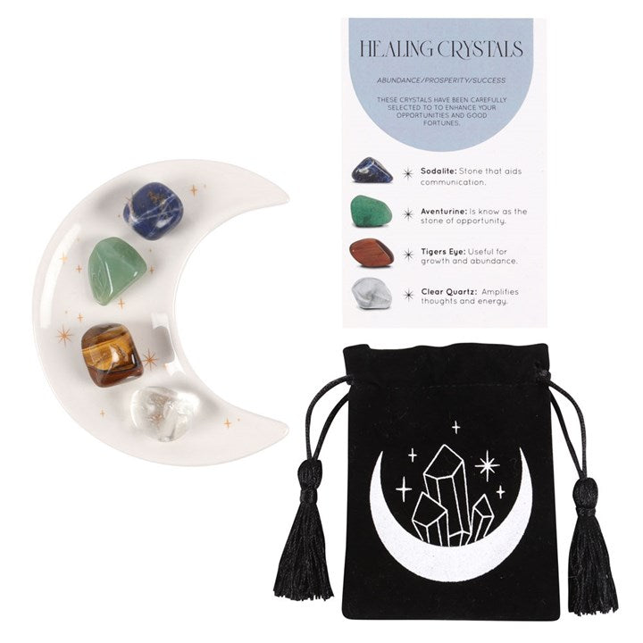 Prosperity & Success Healing Crystal Gift Set with Ceramic Moon Trinket Dish